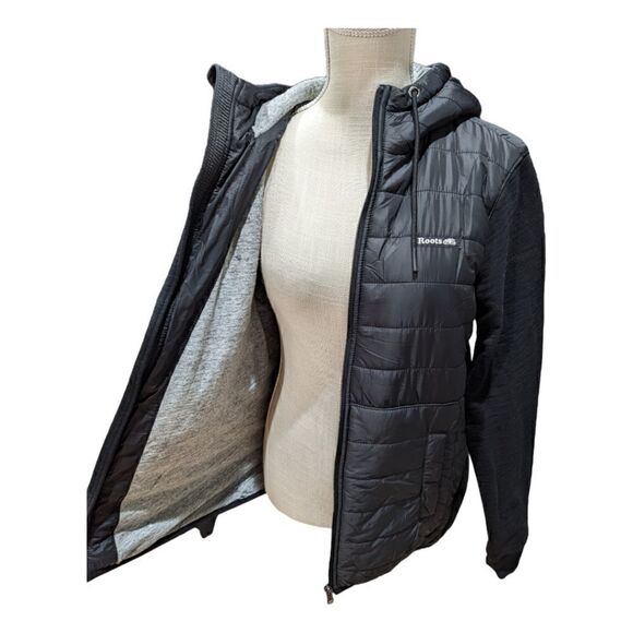 Roots Black Quilted Puffer Full Zip Hood Jacket Size S - Picture 5 of 8